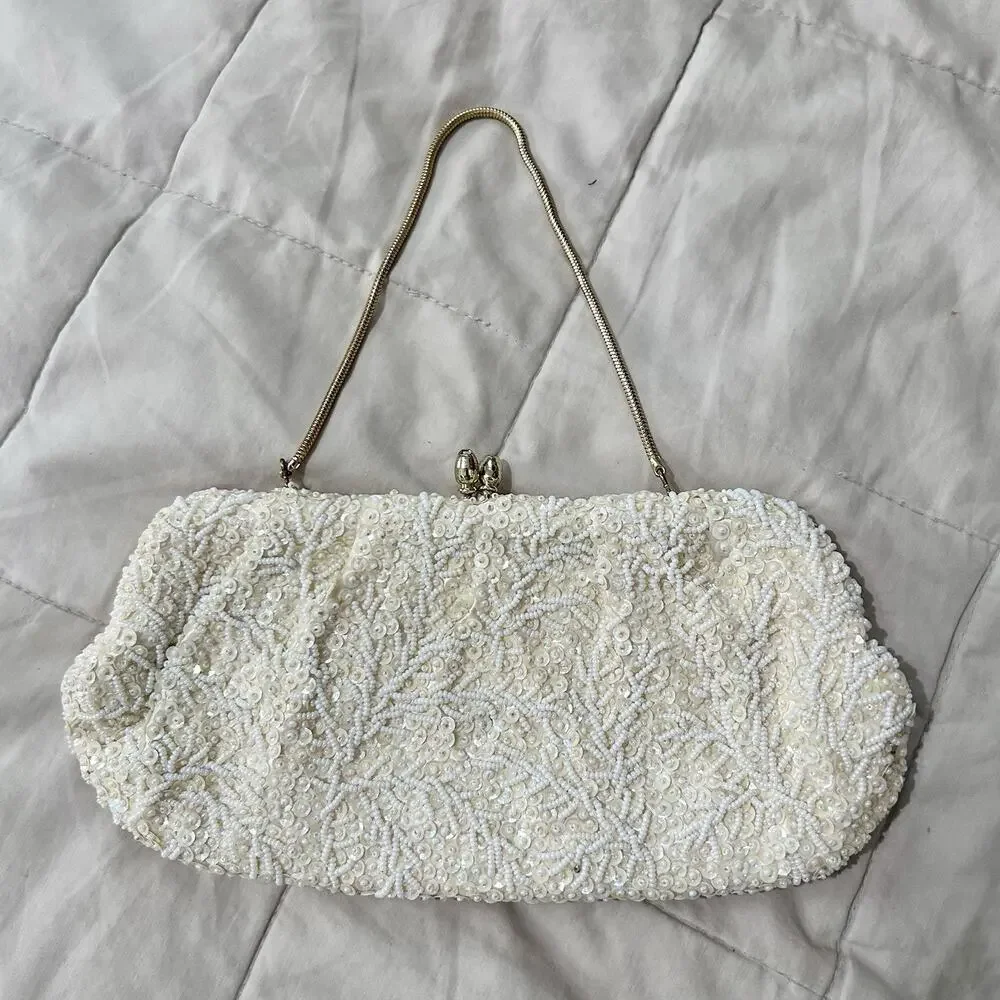 Vintage 50s Hand Beaded Evening Bag Clutch 6 X 10 Made In Hong Kong Wedding Glam